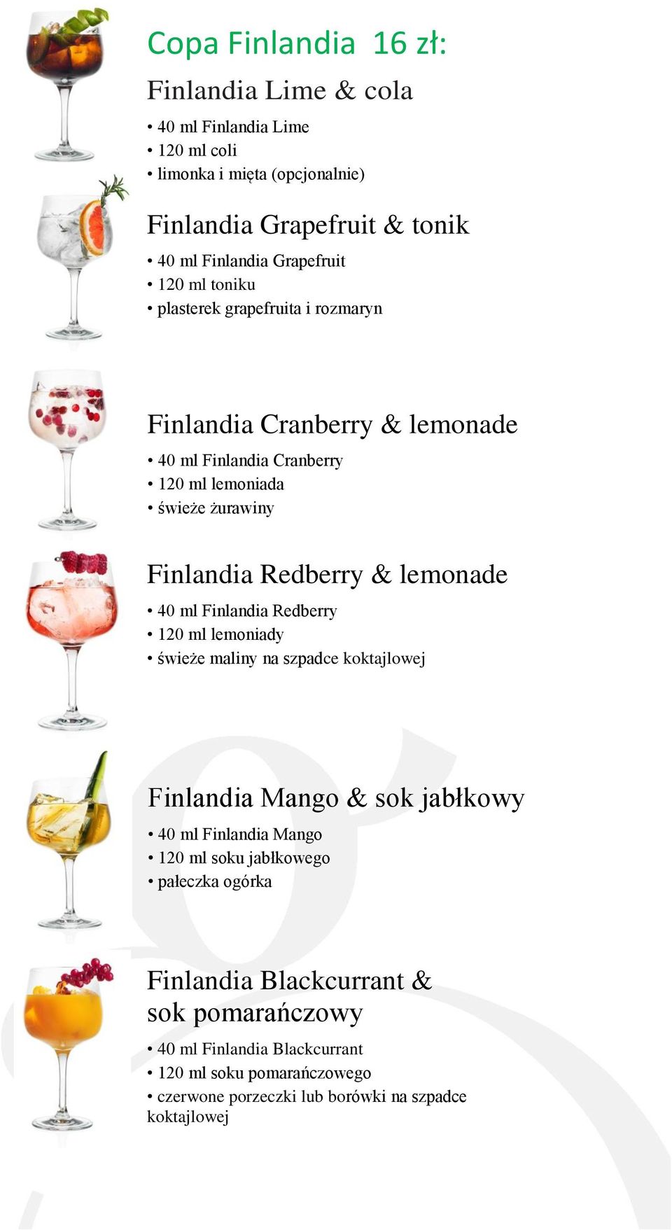 Redberry & lemonade 40 ml Finlandia Redberry 120 ml lemoniady świeże maliny na szpadce koktajlowej Finlandia Mango & sok jabłkowy 40 ml Finlandia Mango 120 ml