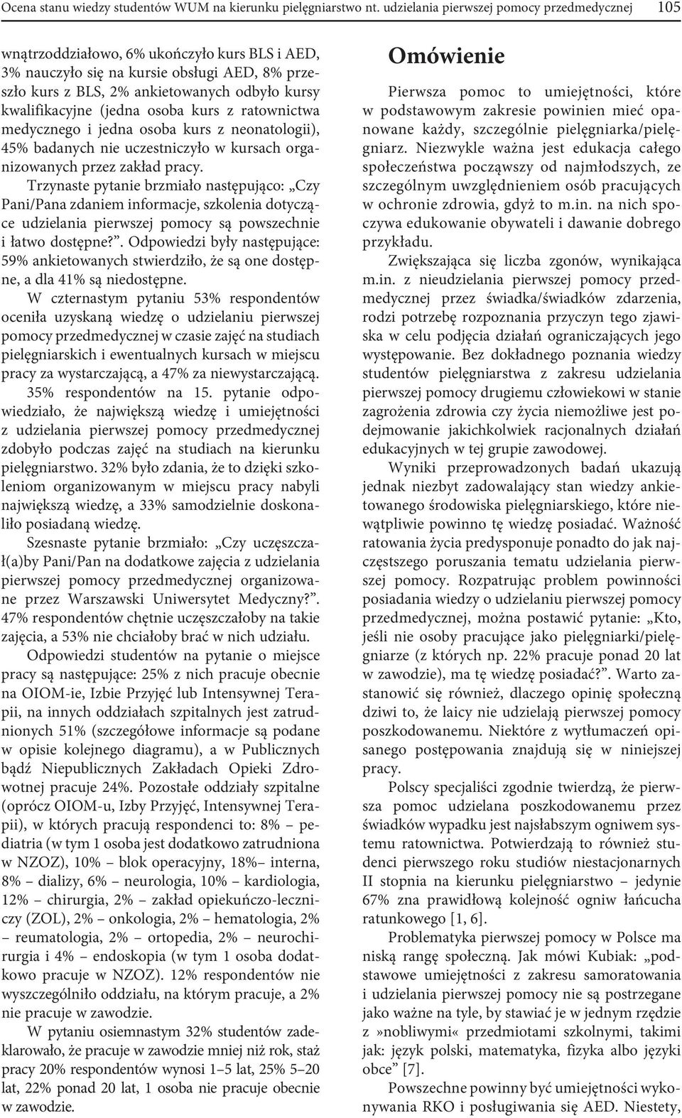 kwalifikacyjne (jedna osoba kurs z ratownictwa medycznego i jedna osoba kurs z neonatologii), 45% badanych nie uczestniczyło w kursach organizowanych przez zakład pracy.