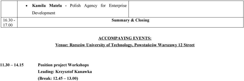 Summary & Closing ACCOMPAYING EVENTS: Venue: Rzeszów University