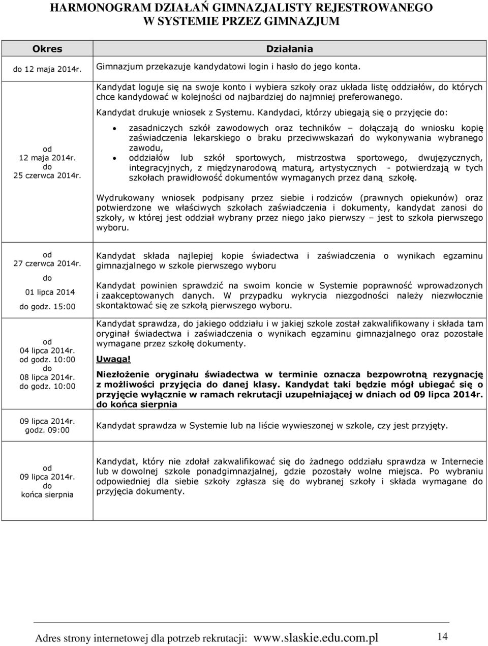 Kandydaci, którzy ubiegają się o przyjęcie do: od 12 maja 2014r. do 25 czerwca 2014r.