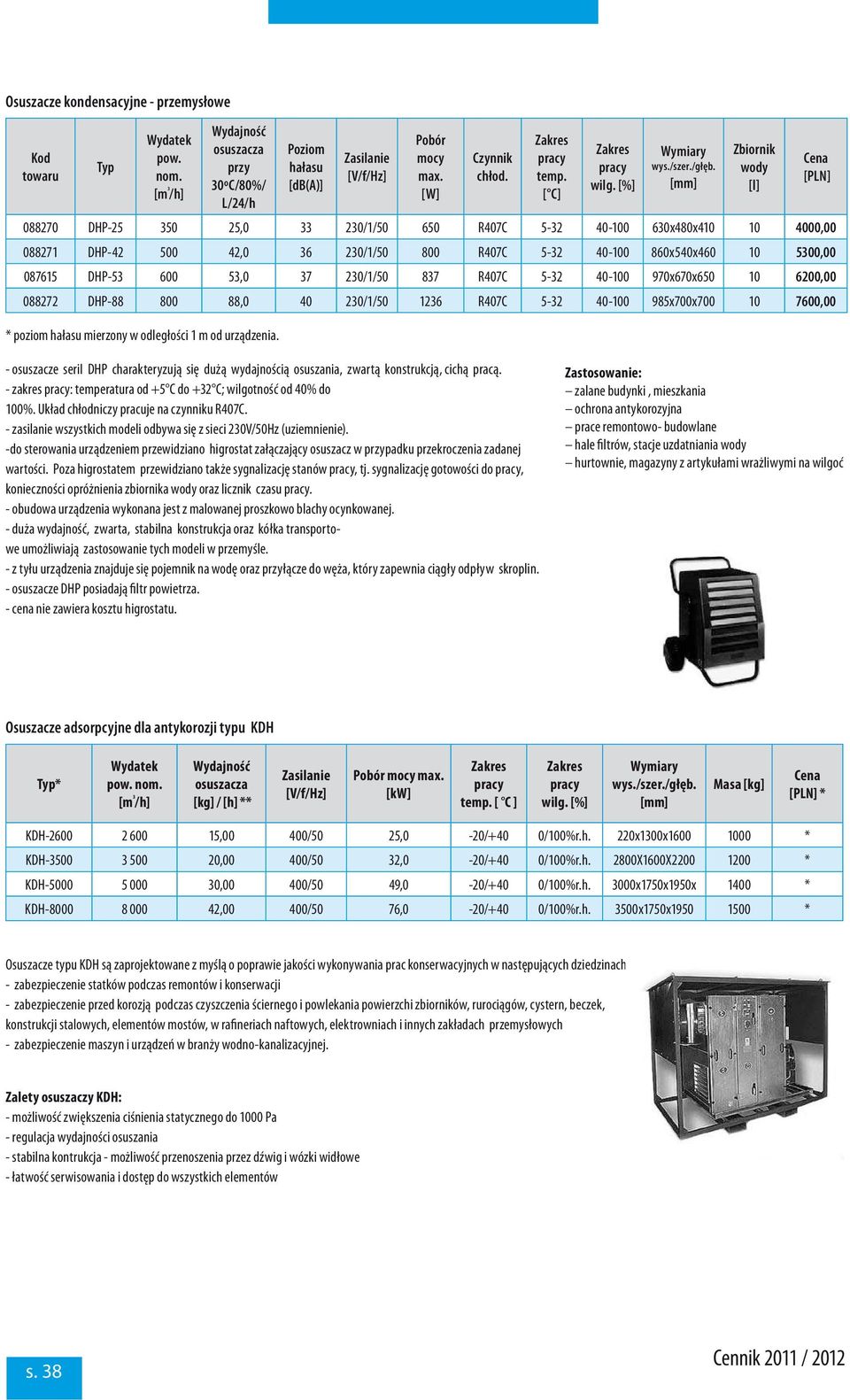 R407C 5-32 40-100 970x670x650 10 6200,00 088272 DHP-88 800 88,0 40 230/1/50 1236 R407C 5-32 40-100 985x700x700 10 7600,00 - osuszacze serii DHP charakteryzują się dużą wydajnością osuszania, zwartą