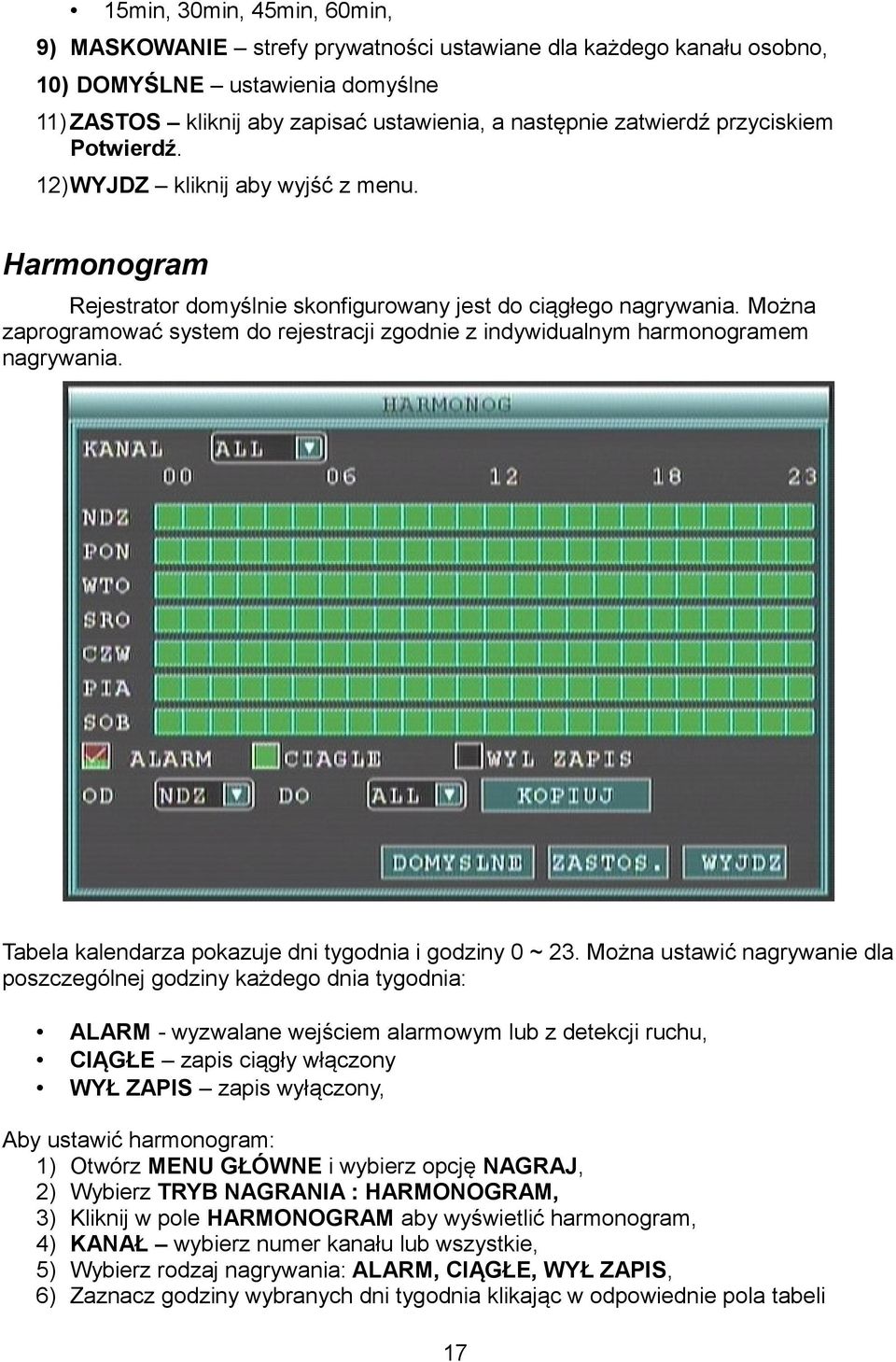 Można zaprogramować system do rejestracji zgodnie z indywidualnym harmonogramem nagrywania. Tabela kalendarza pokazuje dni tygodnia i godziny 0 ~ 23.