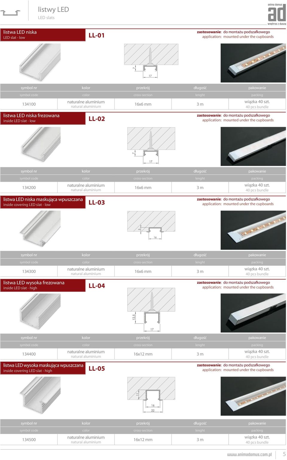 40 pcs bundle listwa LED niska frezowana inside LED slat - low LL-02 zastosowanie: do montażu podszafkowego application: mounted under the cupboards kolor przekrój długość pakowanie color