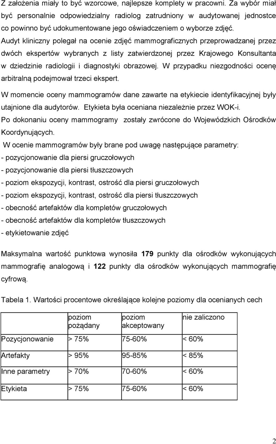 Audyt kliniczny polegał na ocenie zdjęć mammograficznych przeprowadzanej przez dwóch ekspertów wybranych z listy zatwierdzonej przez Krajowego Konsultanta w dziedzinie radiologii i diagnostyki