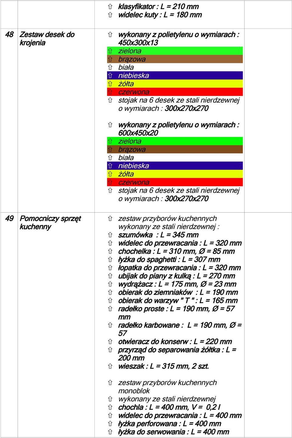 49 Pomocniczy sprzęt kuchenny zestaw przyborów kuchennych wykonany ze stali nierdzewnej : szumówka : L = 345 mm widelec do przewracania : L = 320 mm chochelka : L = 30 mm, Ø = 85 mm łyżka do