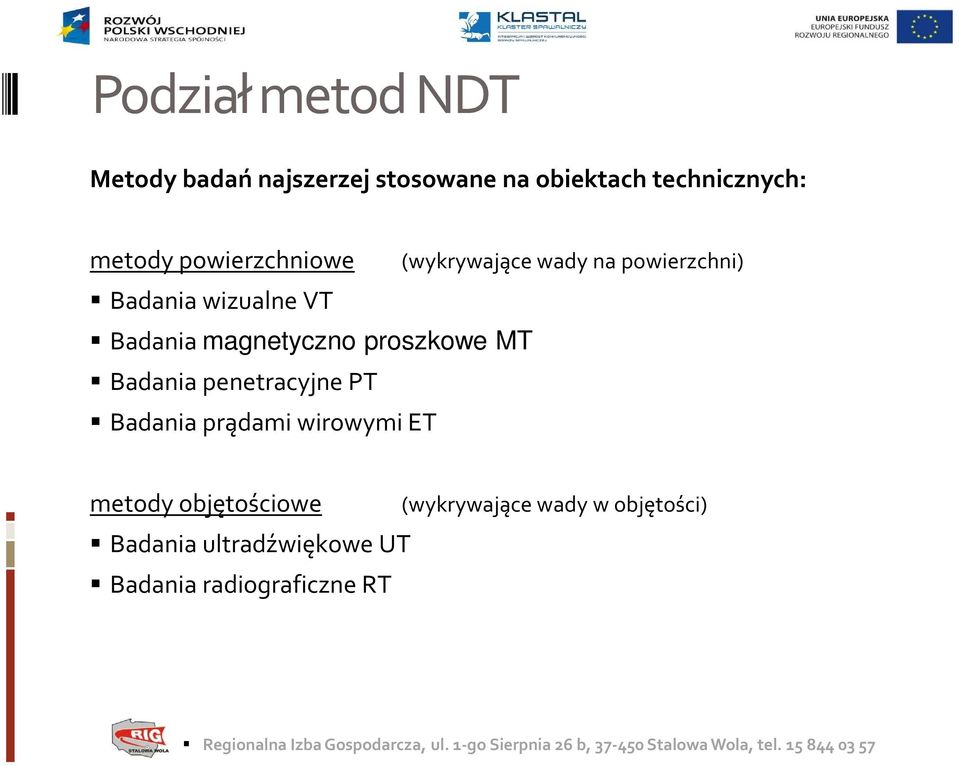 penetracyjne PT Badania prądami wirowymi ET (wykrywające wady na powierzchni) metody