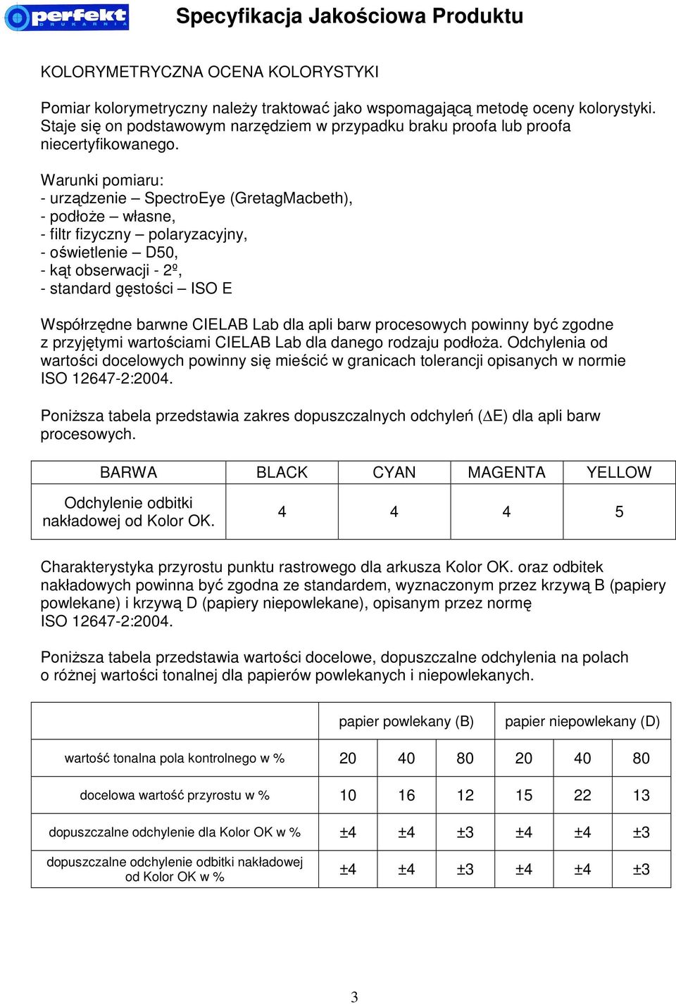 Warunki pomiaru: - urządzenie SpectroEye (GretagMacbeth), - podłoże własne, - filtr fizyczny polaryzacyjny, - oświetlenie D50, - kąt obserwacji - 2º, - standard gęstości ISO E Współrzędne barwne