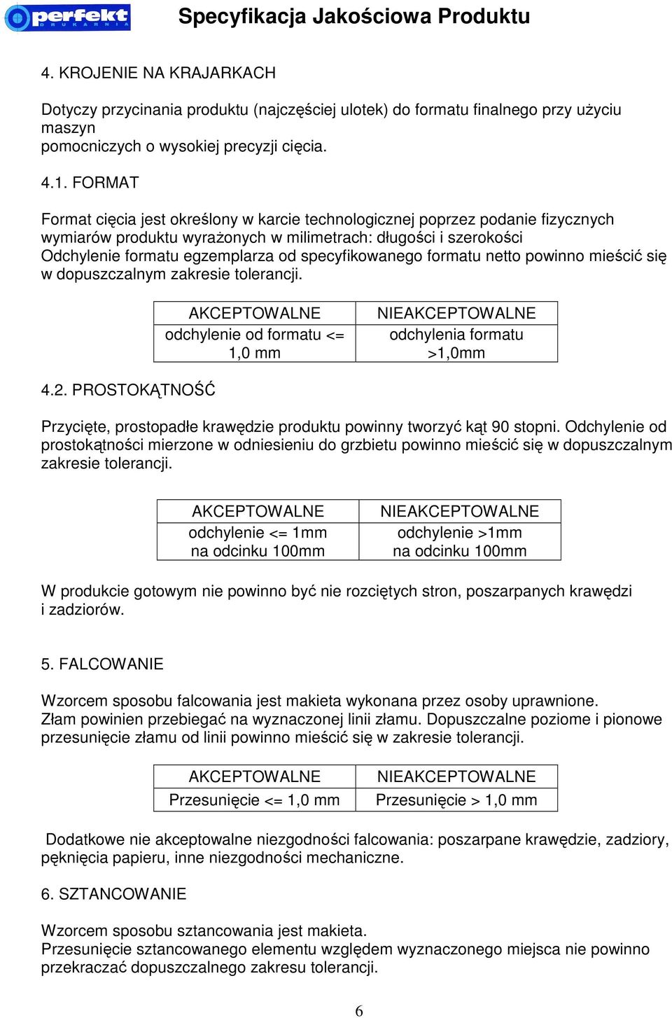 specyfikowanego formatu netto powinno mieścić się w dopuszczalnym zakresie tolerancji. odchylenie od formatu <= 1,0 mm NIE odchylenia formatu >1,0mm 4.2.