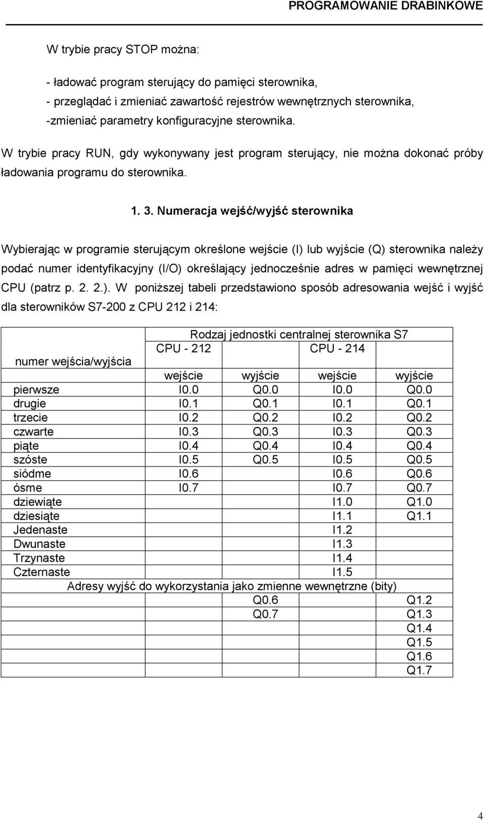 wejście (I) lub wyjście (Q) sterownika należy podać numer identyfikacyjny (I/O) określający jednocześnie adres w pamięci wewnętrznej CPU (patrz p 2 2) W poniższej tabeli przedstawiono sposób