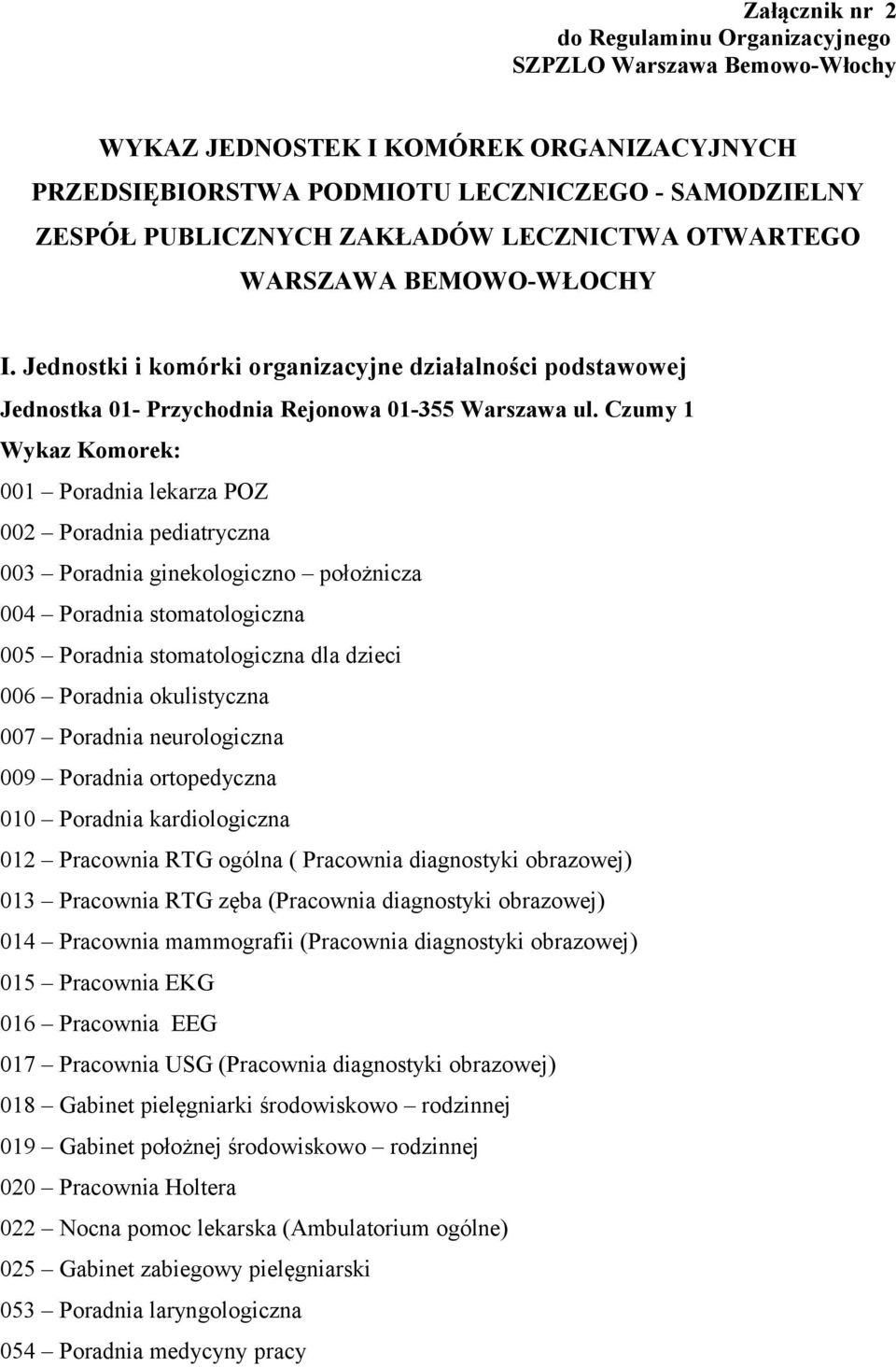 Czumy 1 Wykaz Komorek: 001 Poradnia lekarza POZ 002 Poradnia pediatryczna 003 Poradnia ginekologiczno położnicza 004 Poradnia stomatologiczna 005 Poradnia stomatologiczna dla dzieci 006 Poradnia