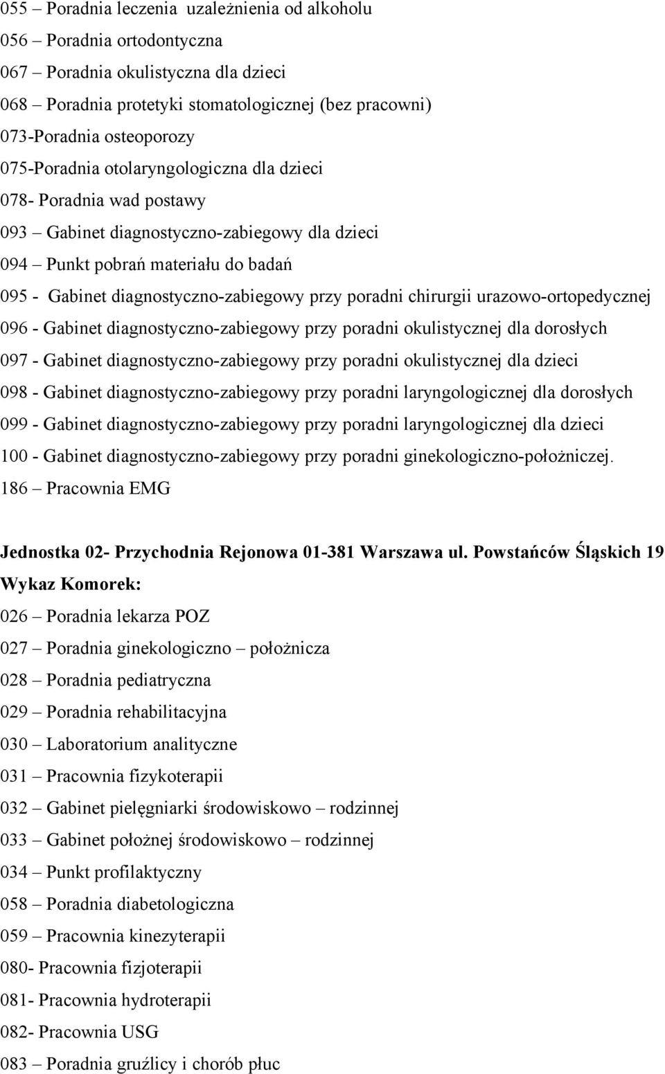 poradni chirurgii urazowo-ortopedycznej 096 - Gabinet diagnostyczno-zabiegowy przy poradni okulistycznej dla dorosłych 097 - Gabinet diagnostyczno-zabiegowy przy poradni okulistycznej dla dzieci 098