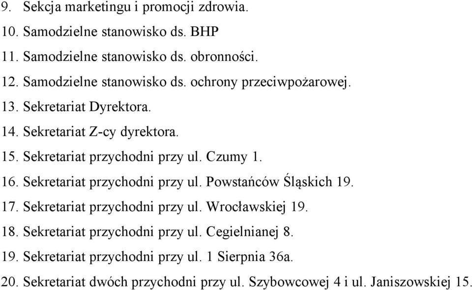 Sekretariat przychodni przy ul. Czumy 1. 16. Sekretariat przychodni przy ul. Powstańców Śląskich 19. 17. Sekretariat przychodni przy ul. Wrocławskiej 19.