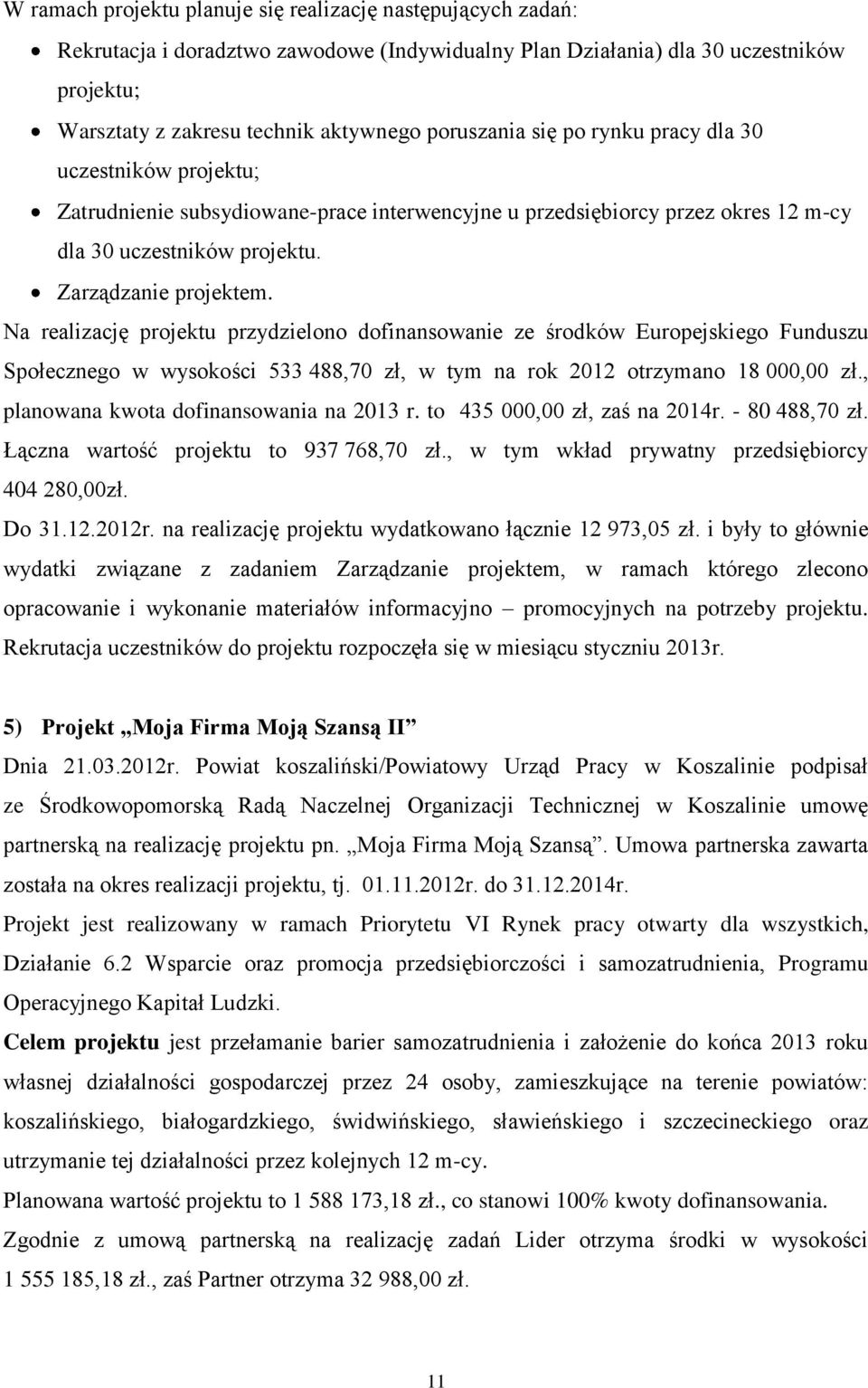 Na realizację projektu przydzielono dofinansowanie ze środków Europejskiego Funduszu Społecznego w wysokości 533 488,70 zł, w tym na rok 2012 otrzymano 18 000,00 zł.