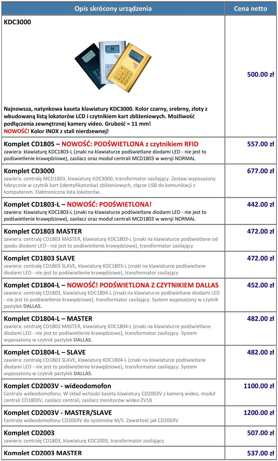 Komplet CD1805 NOWOŚĆ: PODŚWIETLONA z czytnikiem RFID zawiera: klawiaturę KDC1803-L (znaki na klawiaturze podświetlane diodami LED - nie jest to podświetlenie krawędziowe), zasilacz oraz moduł