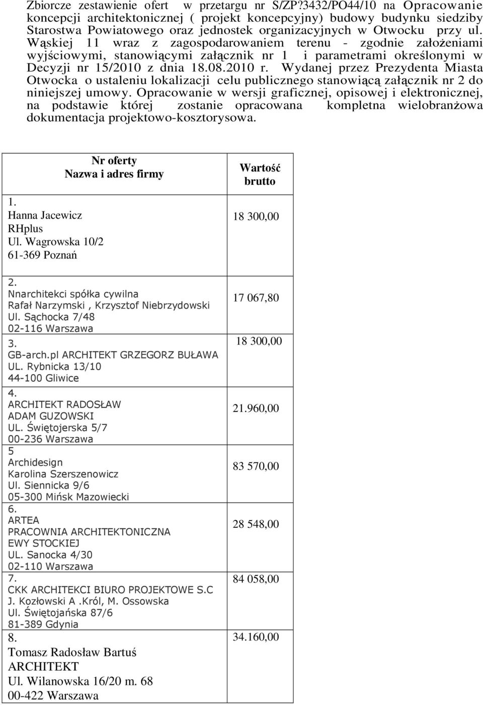 Wąskiej 11 wraz z zagospodarowaniem terenu - zgodnie załoŝeniami wyjściowymi, stanowiącymi załącznik nr 1 i parametrami określonymi w Decyzji nr 15/2010 z dnia 18.08.2010 r.