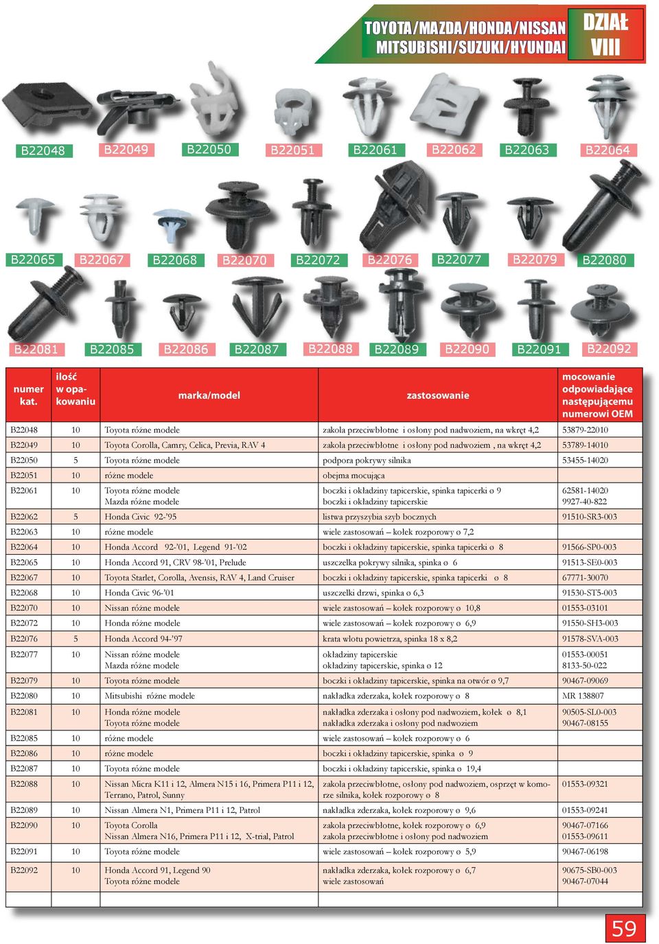 podpora pokrywy silnika 53455-14020 B22051 10 różne modele obejma mocująca B22061 10 boczki i okładziny tapicerskie, spinka tapicerki ø 9 boczki i okładziny tapicerskie 62581-14020 9927-40-822 B22062