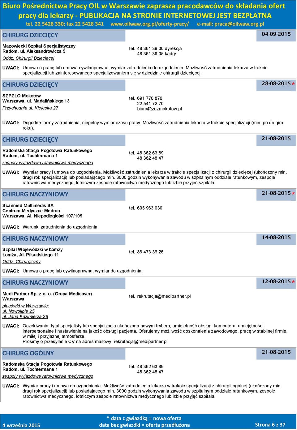 Możliwość zatrudnienia lekarza w trakcie specjalizacji lub zainteresowanego specjalizowaniem się w dziedzinie chirurgii dziecięcej. CHIRURG DZIECIĘCY 28-08-2015 SZPZLO Mokotów, ul.