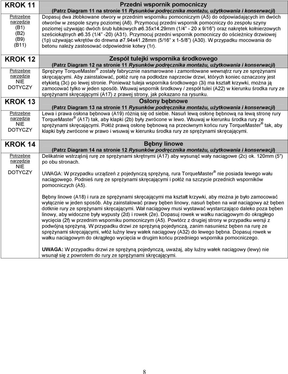 Przymocuj przedni wspornik pomocniczy do zespołu szyny poziomej używając dwóch śrub łubkowych ø6.35x4.9mm (/4-0 x 9/6 ) oraz nakrętek kołnierzowych sześciokątnych ø6.35 (/4-0) (A3).