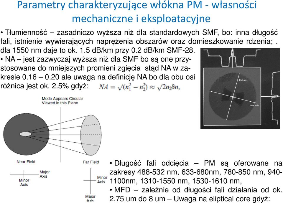 NA jest zazwyczaj wyższa niż dla SMF bo są one przystosowane do mniejszych promieni zgięcia stąd NA w zakresie 0.16 0.
