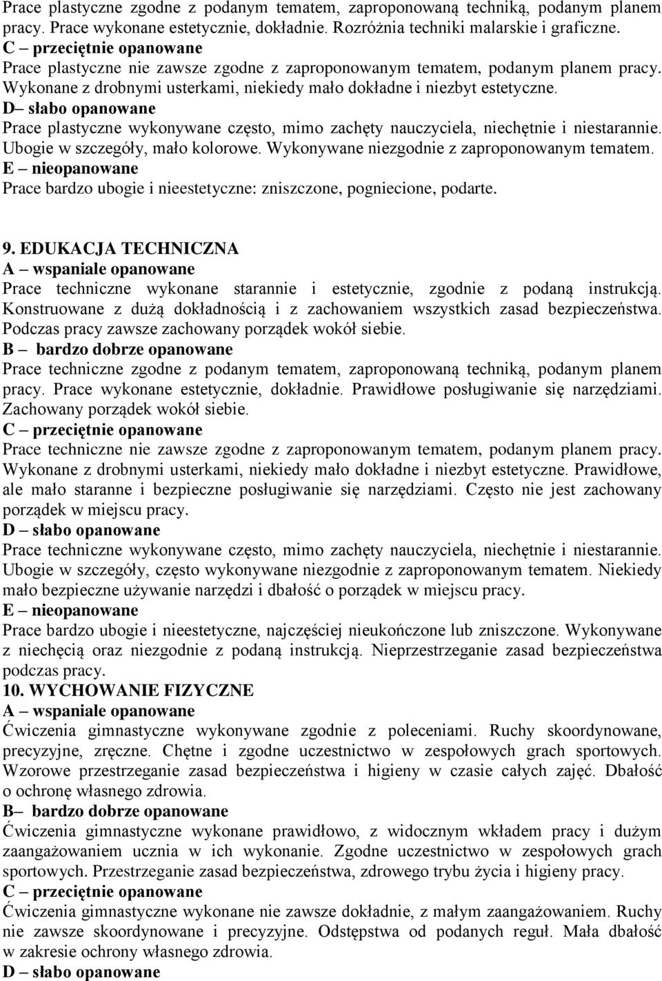 D słabo opanowane Prace plastyczne wykonywane często, mimo zachęty nauczyciela, niechętnie i niestarannie. Ubogie w szczegóły, mało kolorowe. Wykonywane niezgodnie z zaproponowanym tematem.