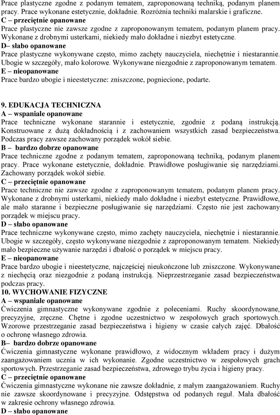 D słabo opanowane Prace plastyczne wykonywane często, mimo zachęty nauczyciela, niechętnie i niestarannie. Ubogie w szczegóły, mało kolorowe. Wykonywane niezgodnie z zaproponowanym tematem.