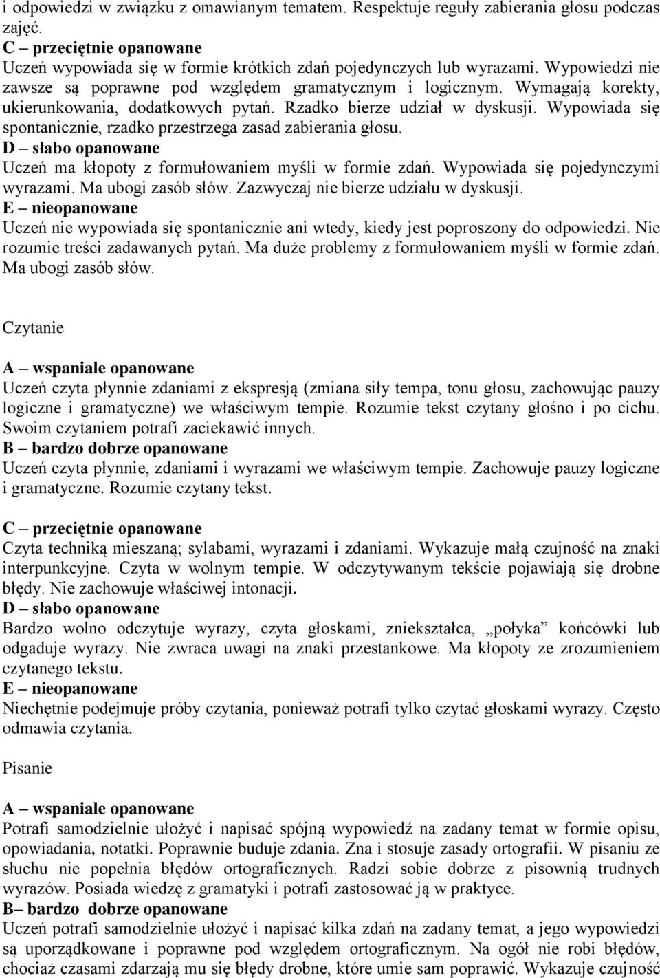 Wypowiada się spontanicznie, rzadko przestrzega zasad zabierania głosu. Uczeń ma kłopoty z formułowaniem myśli w formie zdań. Wypowiada się pojedynczymi wyrazami. Ma ubogi zasób słów.