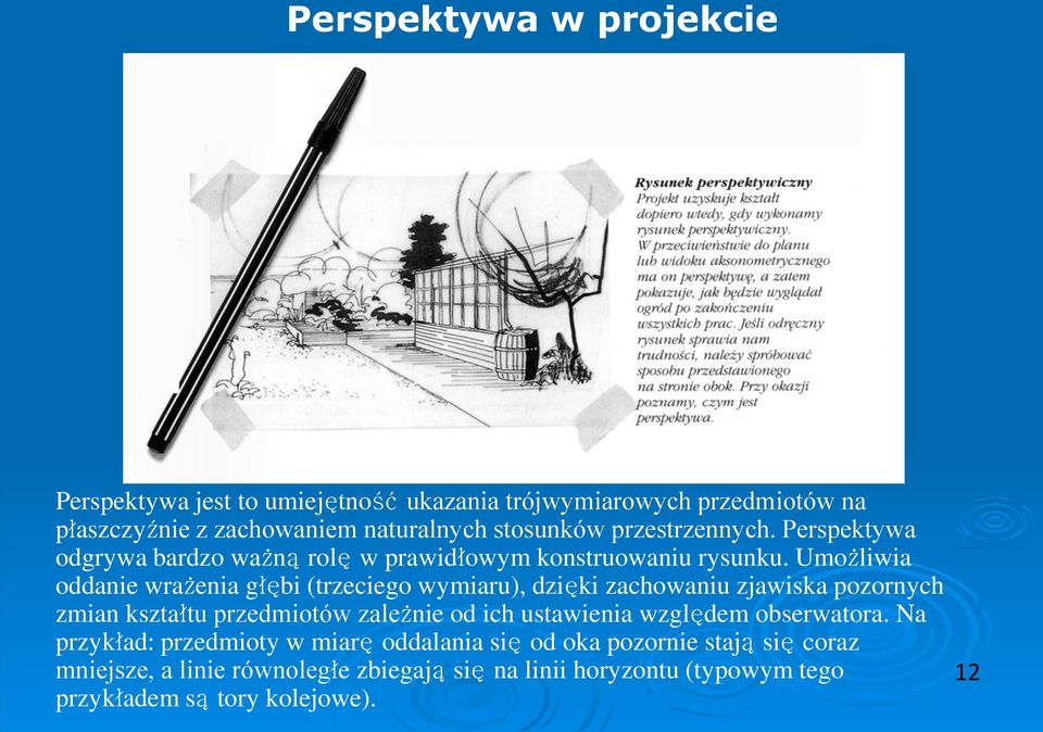 Umożliwia oddanie wrażenia głębi (trzeciego wymiaru), dzięki zachowaniu zjawiska pozornych zmian kształtu przedmiotów zależnie od ich ustawienia