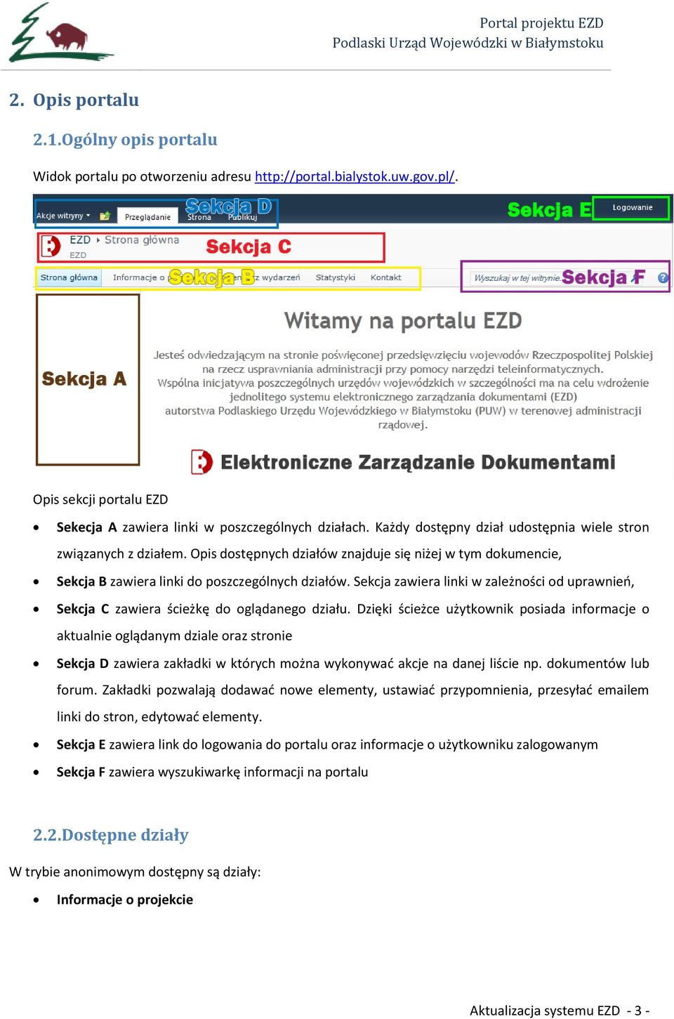 Sekcja zawiera linki w zależności od uprawnień, Sekcja C zawiera ścieżkę do oglądanego działu.