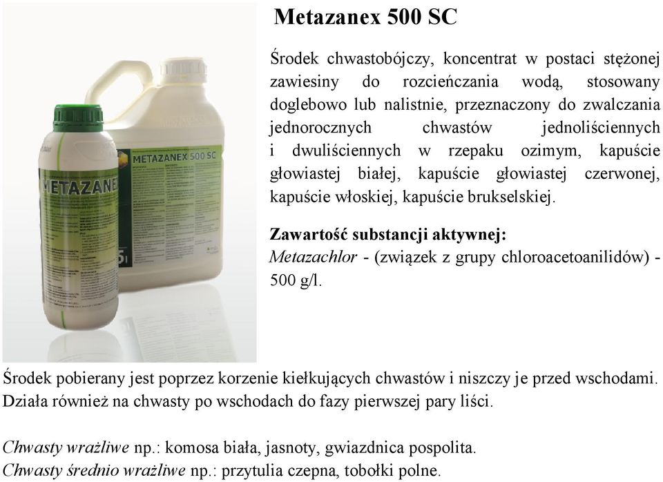 Zawartość substancji aktywnej: Metazachlor - (związek z grupy chloroacetoanilidów) - 500 g/l.