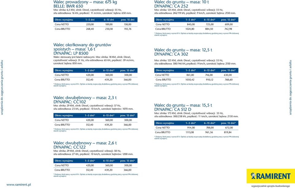 246/119 kn, prêdkoœæ: 9 km/h, szerokoœæ bæbna: 2130 mm. Cena NETTO 840,00 725,00 609,00 Cena BRUTTO 1024,80 884,50 742,98 * Dobowy limit pracy wynosi 8 h.