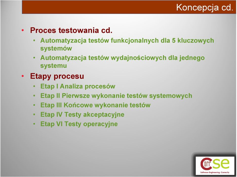 testów wydajnościowych dla jednego systemu Etapy procesu Etap I Analiza procesów