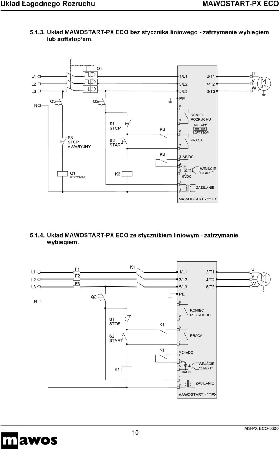 PRACA 3 24VDC Q1 WYZWALACZ 4 5 0VDC 1 WEJŚCI E START 2 ZASILANIE MAWOSTART - ***PX 5.1.4. Układ ze stycznikiem liniowym - zatrzymanie wybiegiem.