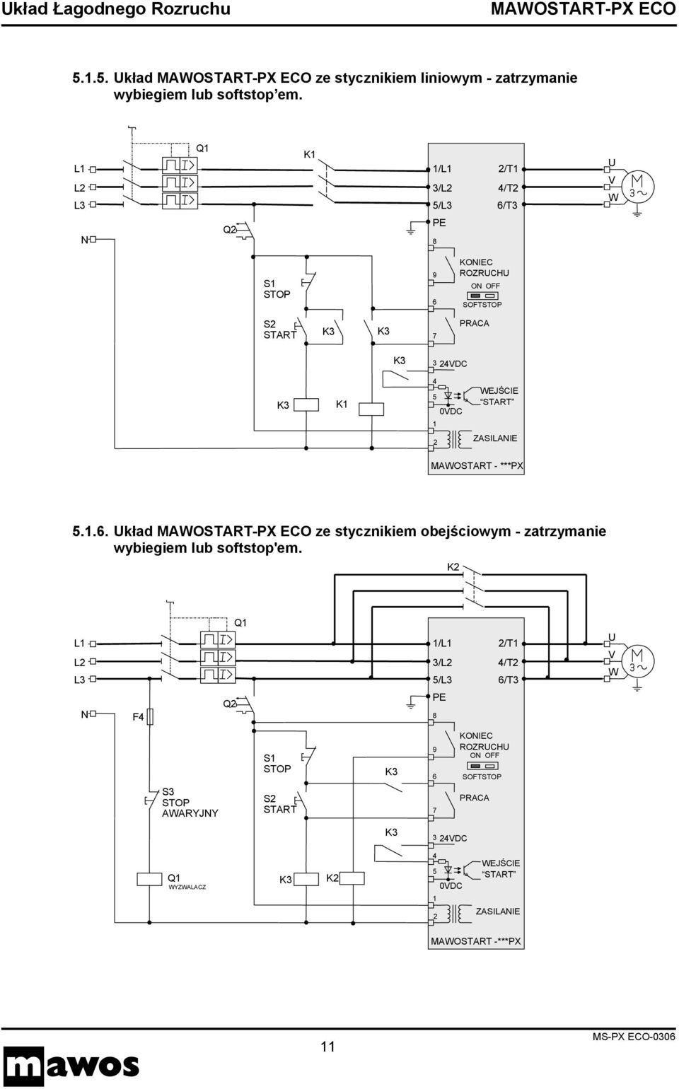 1 WEJŚCIE START 2 ZASILANIE MAWOSTART - ***PX 5.1.6. Układ ze stycznikiem obejściowym - zatrzymanie wybiegiem lub softstop'em.