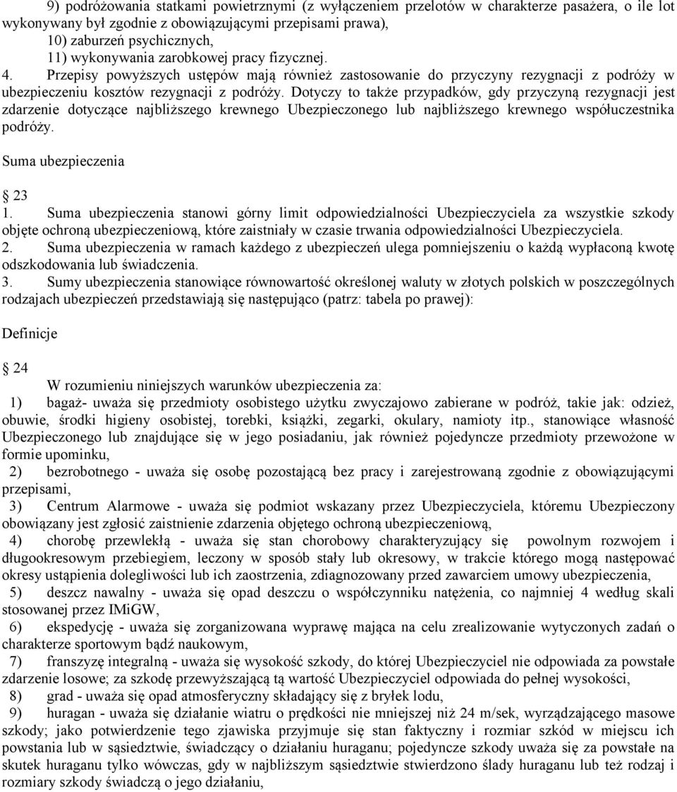 Dotyczy to także przypadków, gdy przyczyną rezygnacji jest zdarzenie dotyczące najbliższego krewnego Ubezpieczonego lub najbliższego krewnego współuczestnika podróży. Suma ubezpieczenia 23 1.