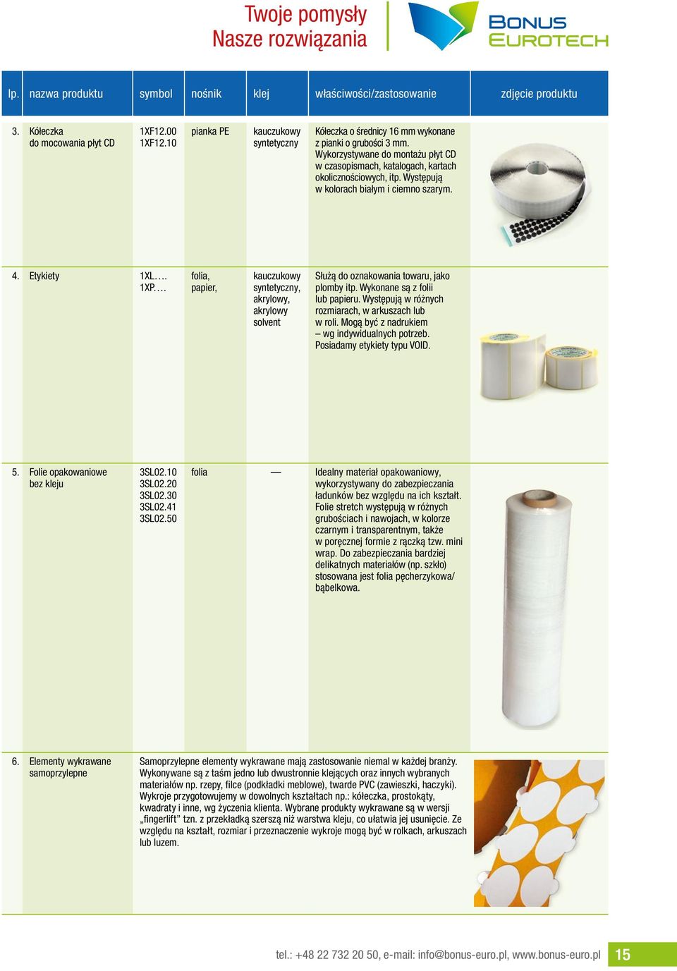 folia, papier, syntetyczny,, solvent Służą do oznakowania towaru, jako plomby itp. Wykonane są z folii lub papieru. Występują w różnych rozmiarach, w arkuszach lub w roli.