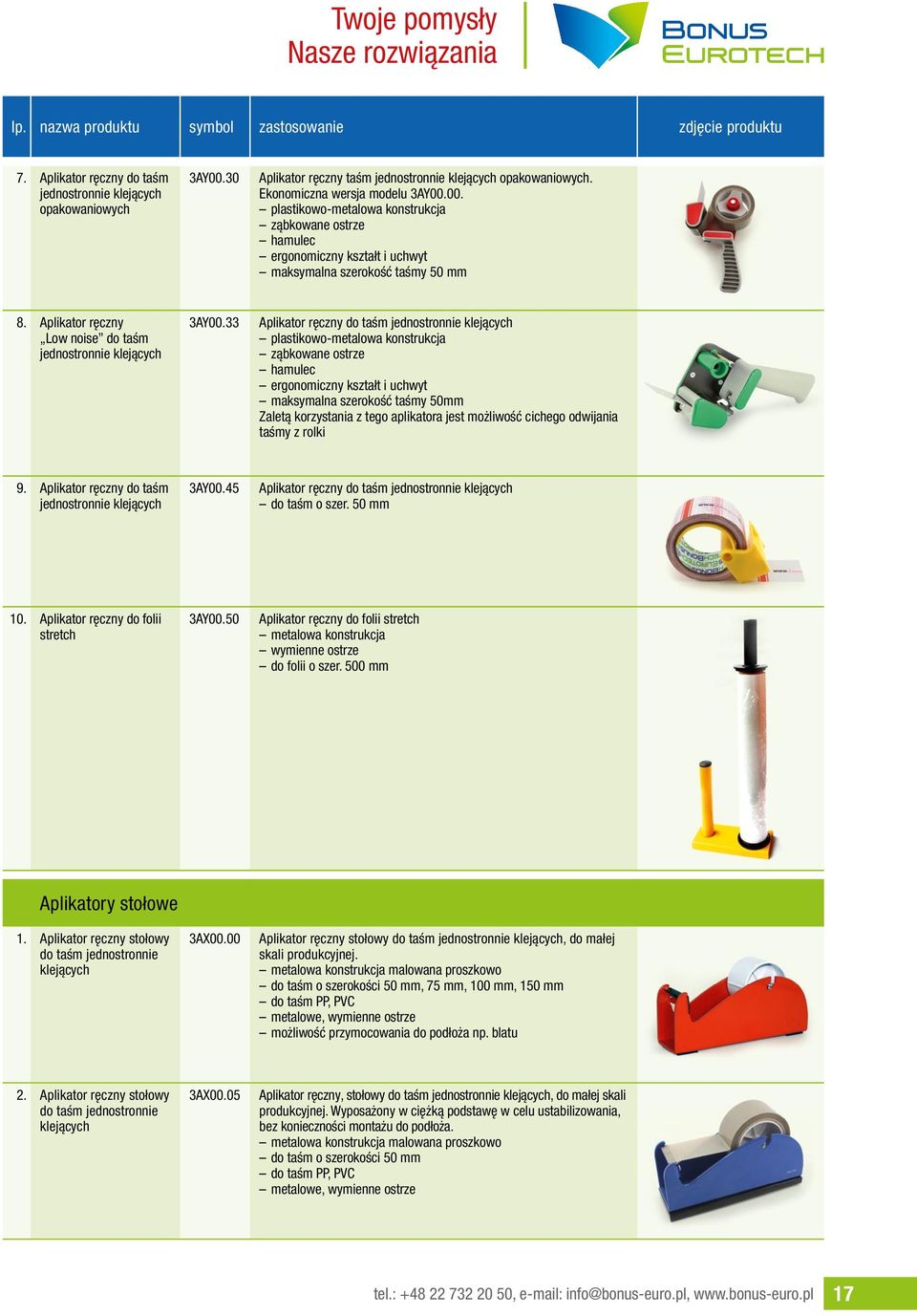 00. plastikowo-metalowa konstrukcja ząbkowane ostrze hamulec ergonomiczny kształt i uchwyt maksymalna szerokość taśmy 50 mm 8. Aplikator ręczny Low noise do taśm jednostronnie klejących 3AY00.