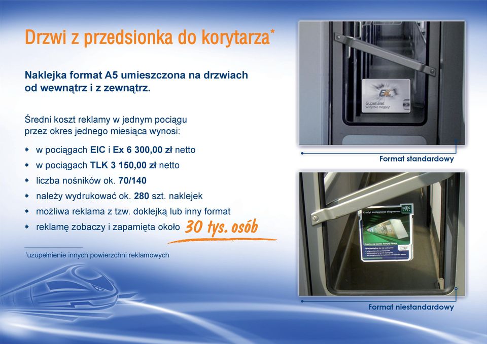 pociągach TLK 3 150,00 zł netto liczba nośników ok. 70/140 należy wydrukować ok. 280 szt. naklejek możliwa reklama z tzw.