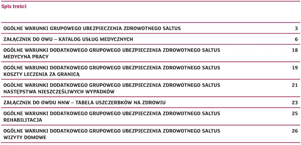 DODATKOWEGO GRUPOWEGO UBEZPIECZENIA ZDROWOTNEGO SALTUS NASTĘPSTWA NIESZCZĘŚLIWYCH WYPADKÓW 18 19 21 ZAŁĄCZNIK DO OWDU NNW TABELA USZCZERBKÓW NA ZDROWIU 23