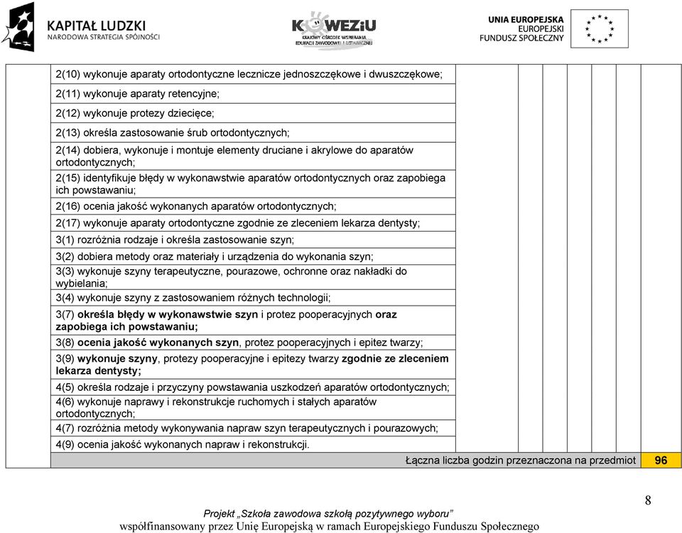 2(17) wykonuje aparaty ortodontyczne zgodnie ze zleceniem lekarza dentysty; 3(1) rozróżnia rodzaje i określa zastosowanie szyn; 3(2) dobiera metody oraz materiały i urządzenia do wykonania szyn; 3(3)