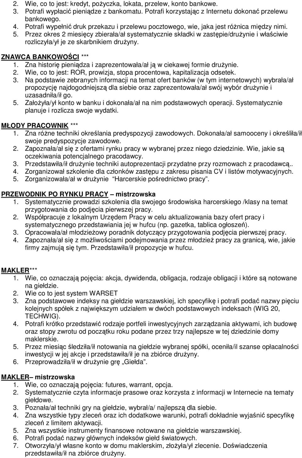Przez okres 2 miesięcy zbierała/ał systematycznie składki w zastępie/druŝynie i właściwie rozliczyła/ył je ze skarbnikiem druŝyny. ZNAWCA BANKOWOŚCI *** 1.