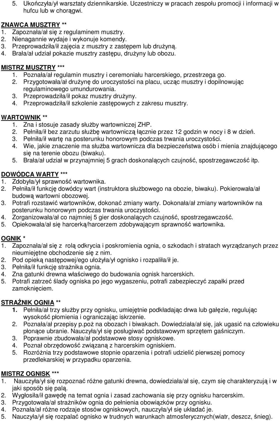 Poznała/ał regulamin musztry i ceremoniału harcerskiego, przestrzega go. 2. Przygotowała/ał druŝynę do uroczystości na placu, ucząc musztry i dopilnowując regulaminowego umundurowania. 3.