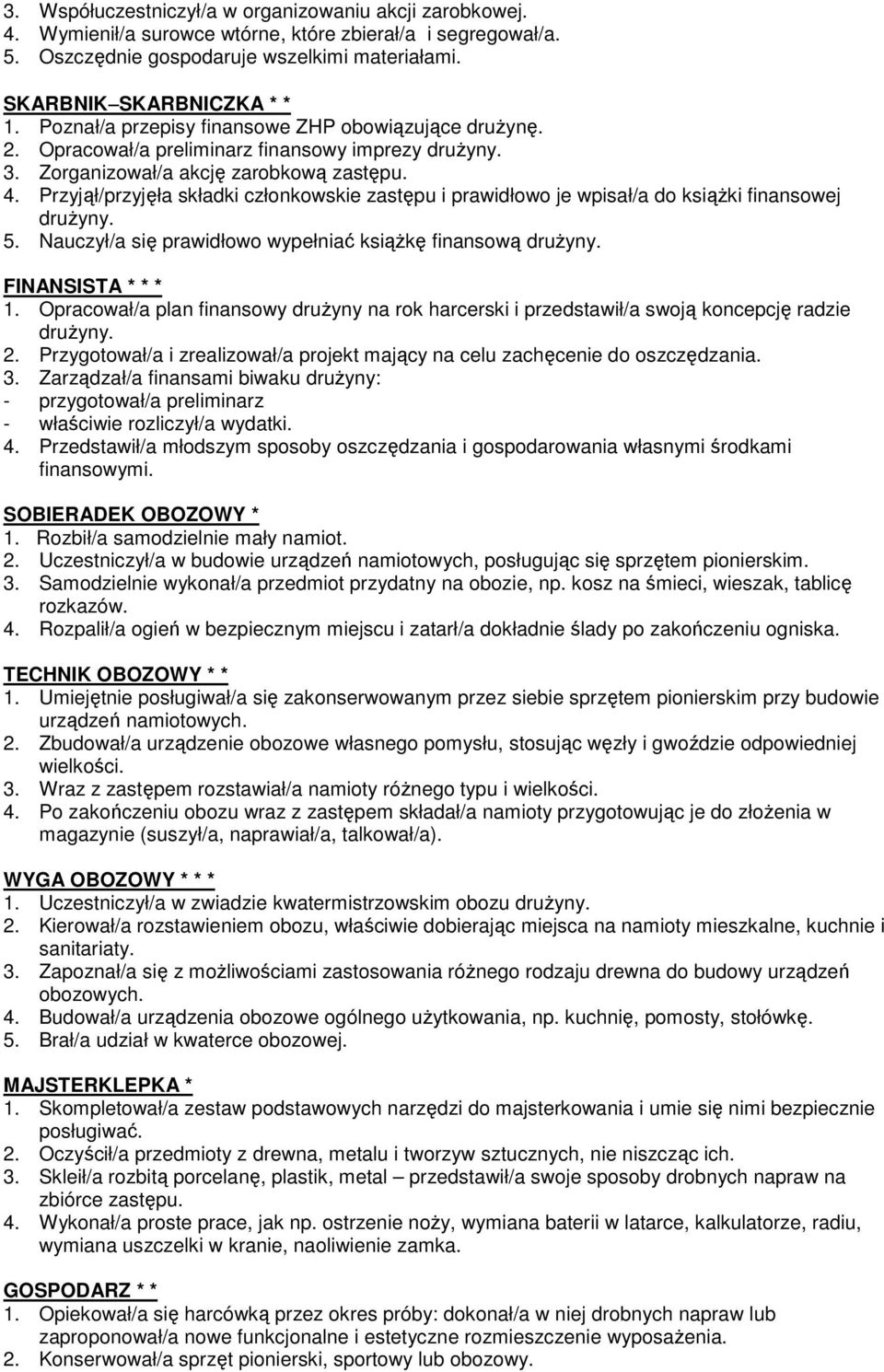 Przyjął/przyjęła składki członkowskie zastępu i prawidłowo je wpisał/a do ksiąŝki finansowej druŝyny. 5. Nauczył/a się prawidłowo wypełniać ksiąŝkę finansową druŝyny. FINANSISTA * * * 1.