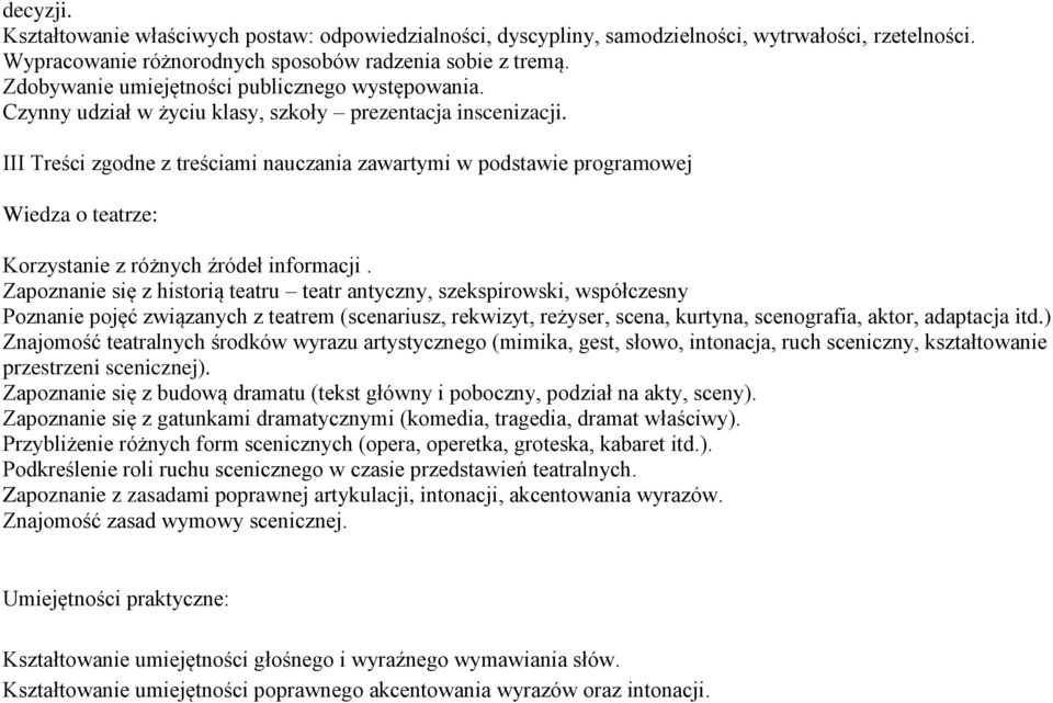 III Treści zgodne z treściami nauczania zawartymi w podstawie programowej Wiedza o teatrze: Korzystanie z różnych źródeł informacji.