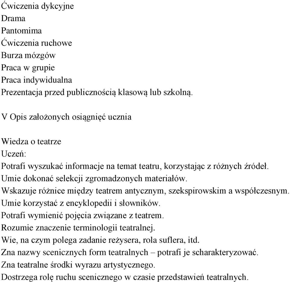 Wskazuje różnice między teatrem antycznym, szekspirowskim a współczesnym. Umie korzystać z encyklopedii i słowników. Potrafi wymienić pojęcia związane z teatrem.