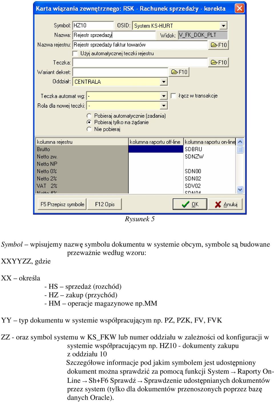 PZ, PZK, FV, FVK ZZ - oraz symbol systemu w KS_FKW lub numer oddziału w zaleŝności od konfiguracji w systemie współpracującym np.