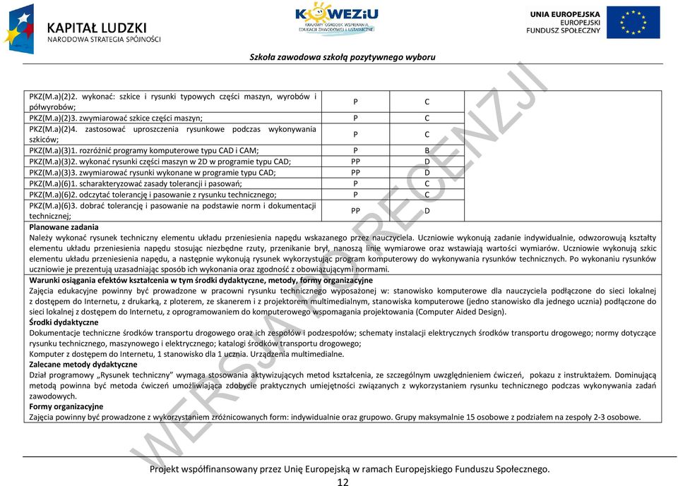 a)(3)3. zwymiarować rysunki wykonane w programie typu AD; D KZ(M.a)(6)1. scharakteryzować zasady tolerancji i pasowań; KZ(M.a)(6)2. odczytać tolerancję i pasowanie z rysunku technicznego; KZ(M.a)(6)3.