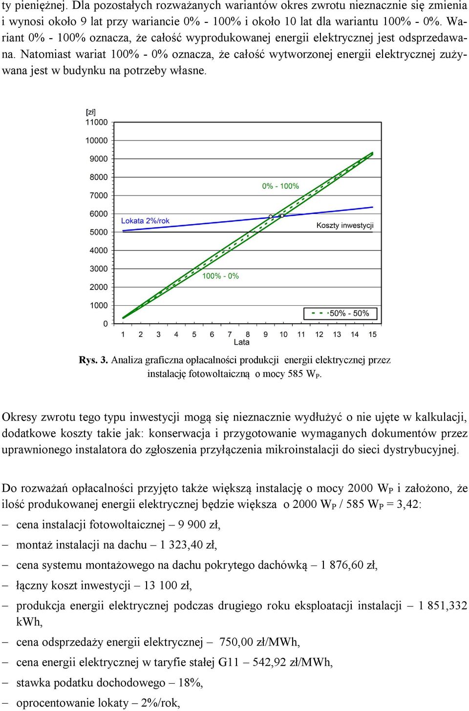 Rys. 3. Analiza graficzna opłacalności produkcji elektrycznej przez instalację fotowoltaiczną o mocy 585 W P.