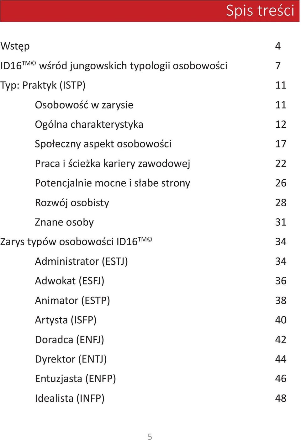 słabe strony 26 Rozwój osobisty 28 Znane osoby 31 Zarys typów osobowości ID16 TM 34 Administrator (ESTJ) 34 Adwokat