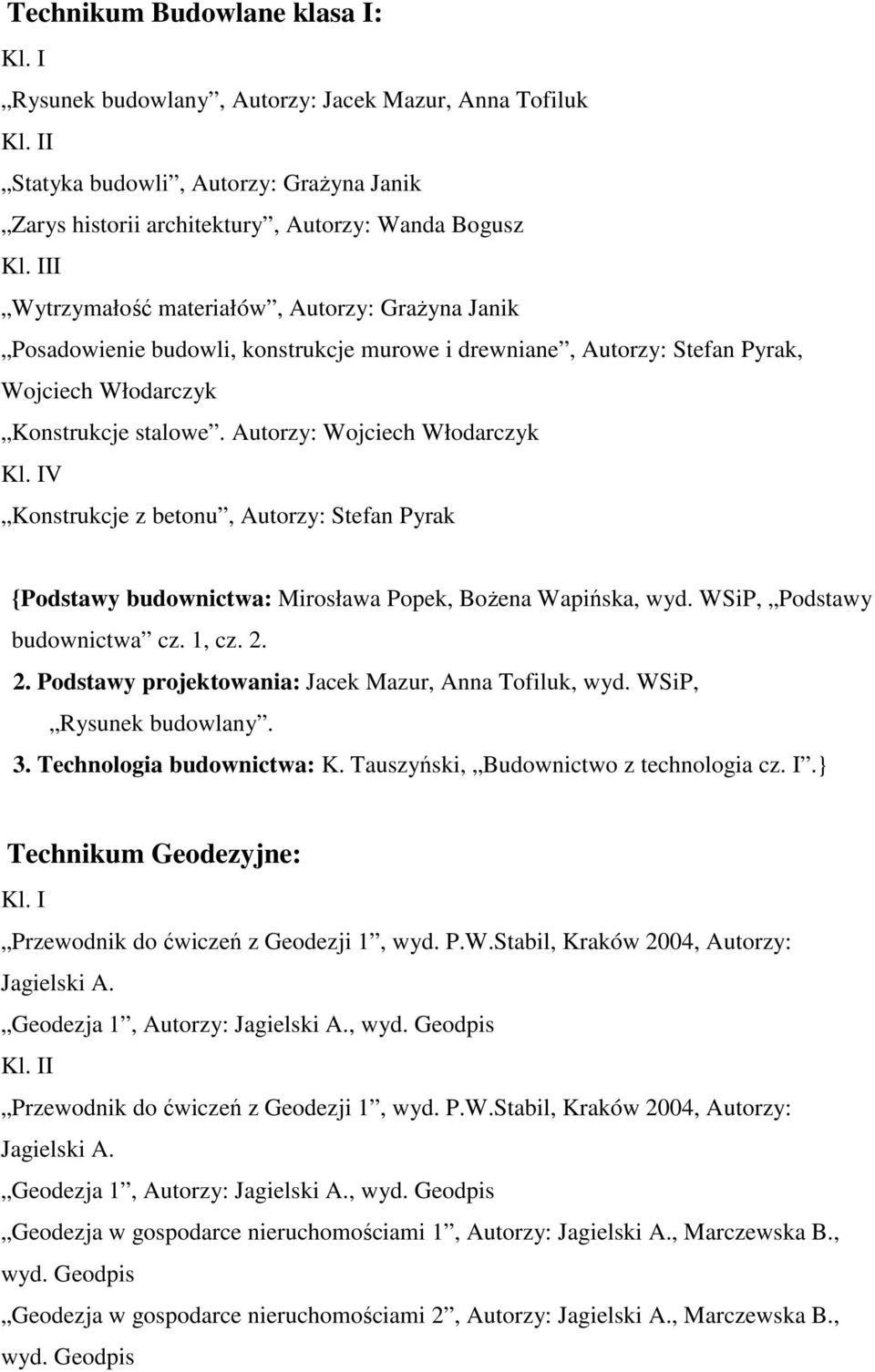 Autorzy: Wojciech Włodarczyk V Konstrukcje z betonu, Autorzy: Stefan Pyrak {Podstawy budownictwa: Mirosława Popek, Bożena Wapińska, wyd. WSiP, Podstawy budownictwa cz. 1, cz. 2.