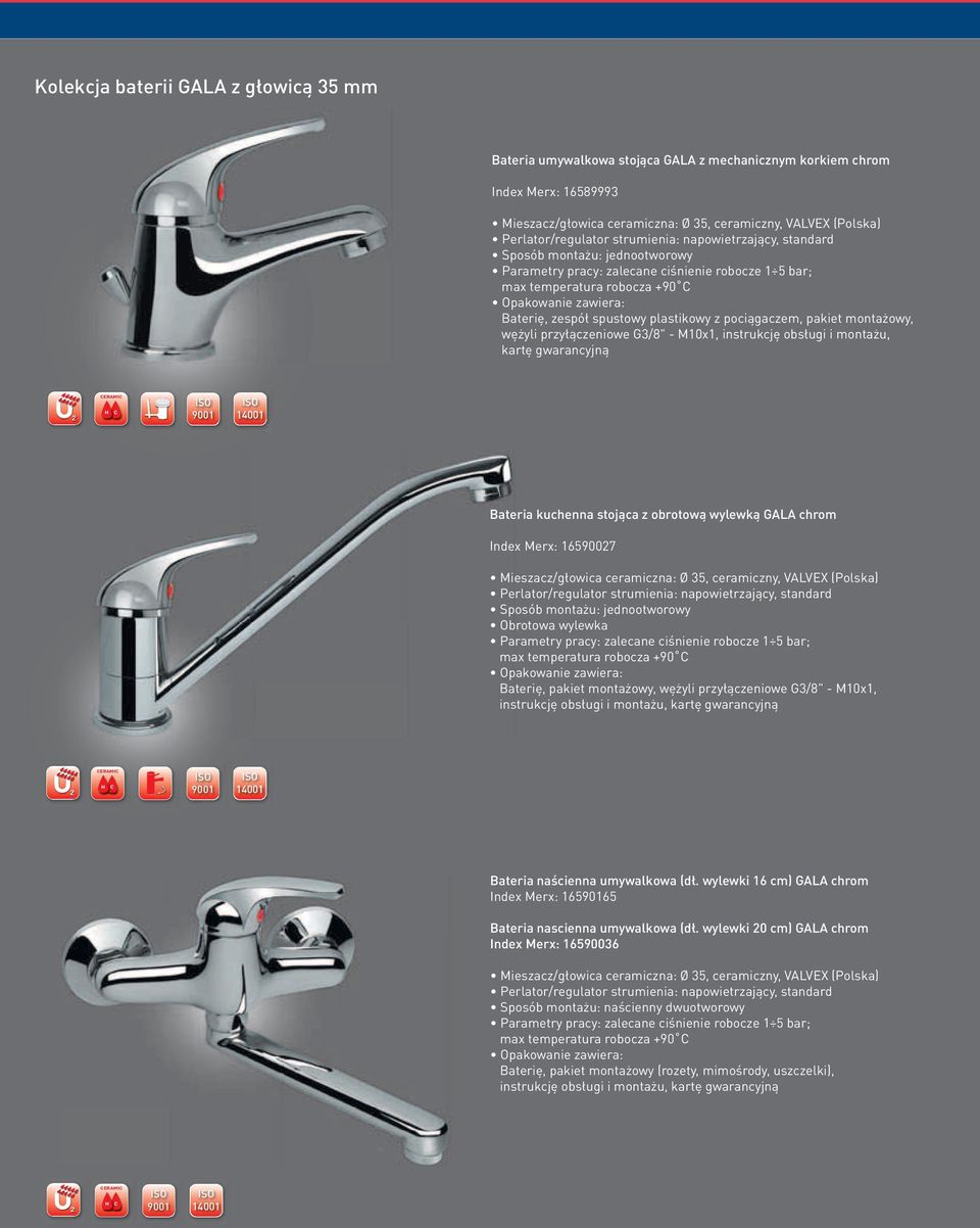 Merx: 1659007 brotowa wylewka max temperatura robocza +90 Baterię, pakiet montażowy, wężyli przyłączeniowe G3/8" - M10x1, ERAMI Bateria naścienna umywalkowa (dł.